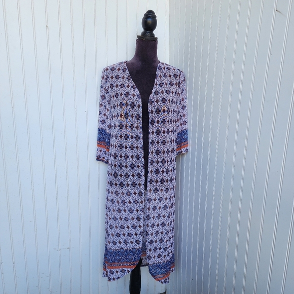 Exclusive One Geo Print Boho Kimono Duster Top Stretch Mesh Lightweight Sz M - Picture 1 of 13